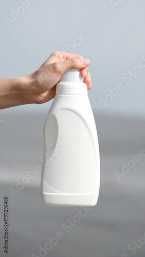 Hand holding white blank plastic detergent bottle, laundry soap container mockup for packaging design, household cleaning product branding