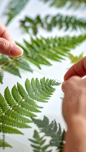 Hands pressing transparent adhesive tape onto green fern leaves to preserve botanical specimens, nature hobby, craft project, DIY decoration