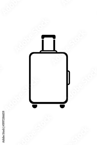 Minimalist black outline vector icon of a rolling suitcase with an extendable handle and wheels, symbolizing travel, vacation, journey, airport departures, baggage, packing essentials for global adven