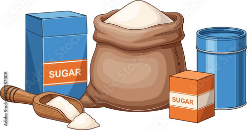 Sugar Packaging Set with Sack, Box, and Scoop for Food, Grocery, and Ingredient Illustrations