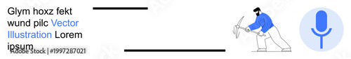 Voice recognition, smart technology, digital communication, online search, modern software, virtual interaction. Man holding a microphone beside a blue mic icon. Voice recognition and smart