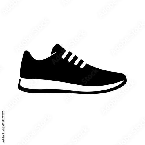 Clean, minimalist black athletic shoe icon with crisp white sole and stylized laces, perfect for representing active footwear, running shoes, casual sneakers, training gear, comfortable everyday wear,