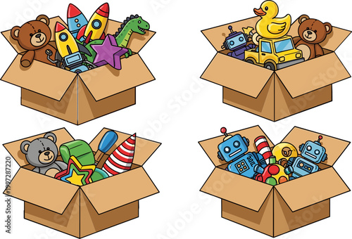 Toy Box Set with Bears, Robots, Rockets, and Ducks for Kids' Toys, Playtime, and Fun Collection Illustrations