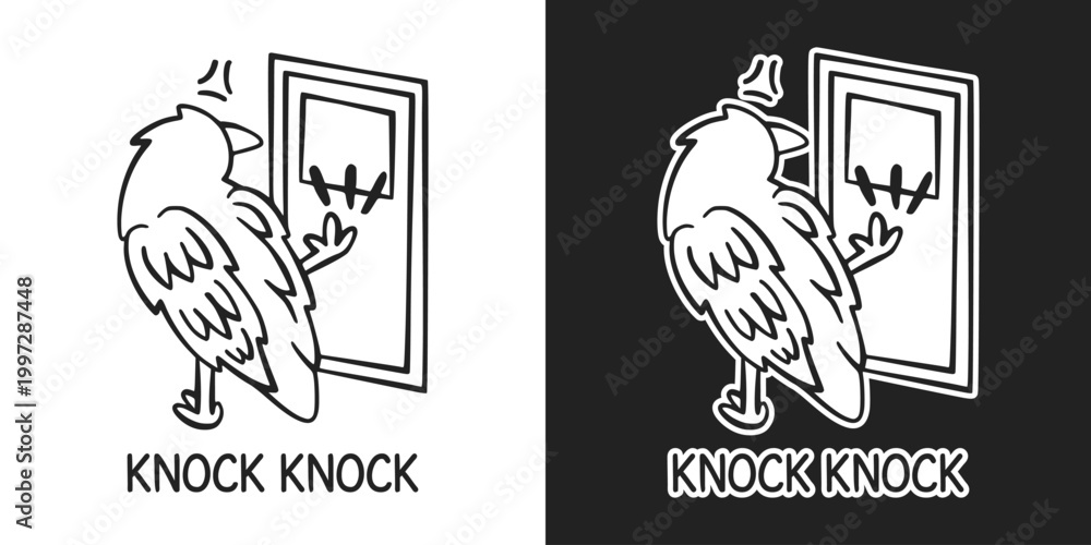 Fototapeta premium Funny Crow Knocking on Door Illustration with Knock Knock Text Minimalist Raven Line Art Design