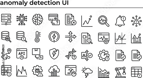 Anomaly detection interface line icon set for system monitoring data analysis alerts security and digital technology applications