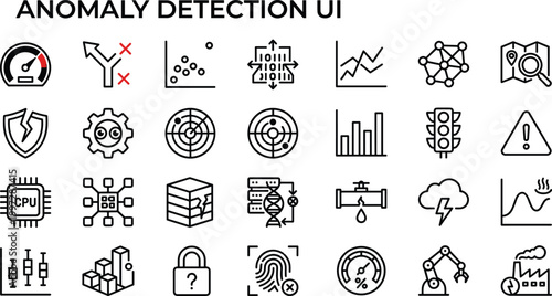 Anomaly detection interface line icon set for data monitoring security analysis system alerts and digital technology applications