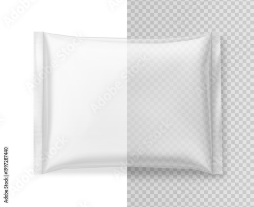 Transparent food pillow bag mockup for frozen food and etc. Hight realistic illustration isolated on white and transparent background. Can be use for template your design, promo, adv. EPS10.