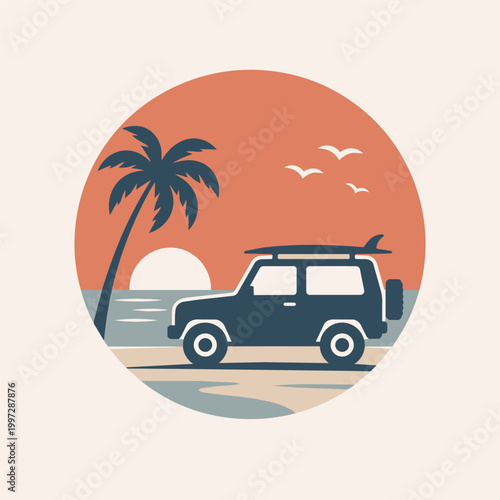Flat Beach Sunset Scene With SUV Car Surfboard And Palm Tree Coastal Travel Illustration