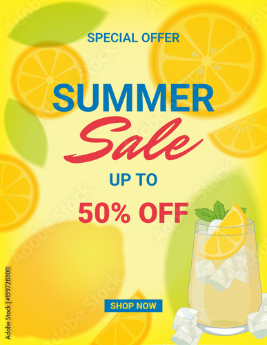 Summer sale banner template with up to 50% off, bright modern design, lemon background. A glass of refreshing drink with ice and lemon.