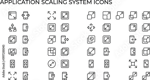 Application scaling system icon set in minimal outline style for responsive interfaces, resizing controls, and software UI design