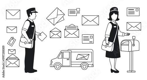 Illustrative postal workers and mail delivery items depicted in a black silhouette