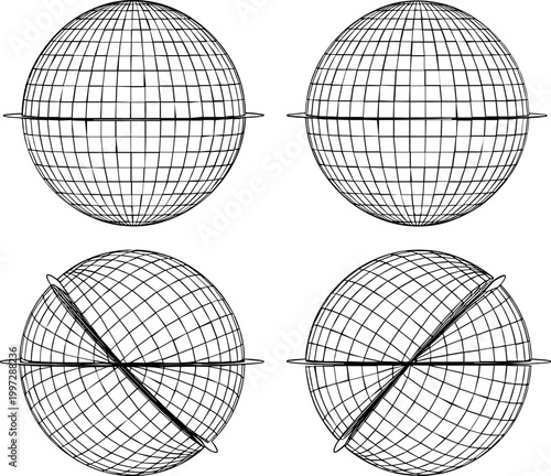 Wireframe Globe Set with Latitude and Longitude Grids for Geographic, Mapping, and 3D Design Illustrations