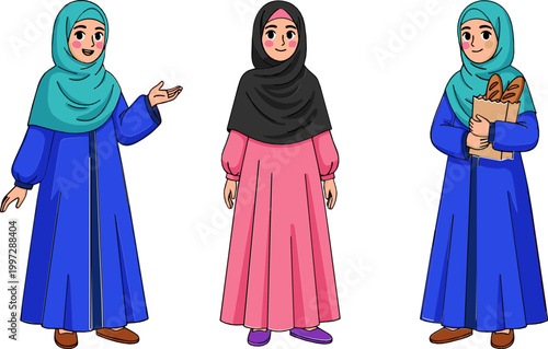 Women in Traditional Dresses with Hijabs in Various Poses for Cultural, Fashion, and Lifestyle Illustration Designs
