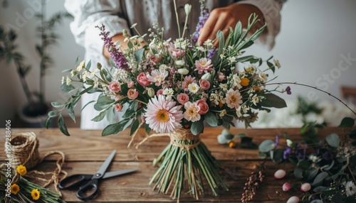 There is a woman arranging a bouquet of flowers on a table