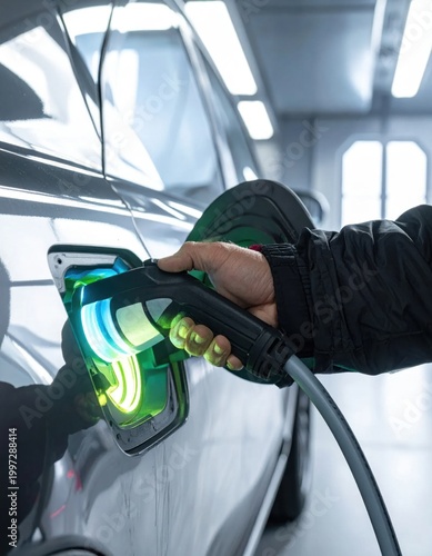 Close up of person plugging electric vehicle charging cable into car port, sustainable energy transport, eco friendly technology, green power