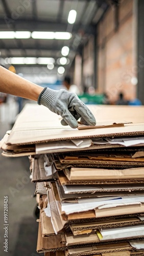 Worker in gloves sorting stacked cardboard in warehouse facility, industrial recycling process, waste management, sustainable paper manufacturing