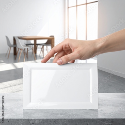 Hand holding a blank rectangular white ceramic serving platter on marble countertop, ideal for food presentation, culinary mockups, menu display
