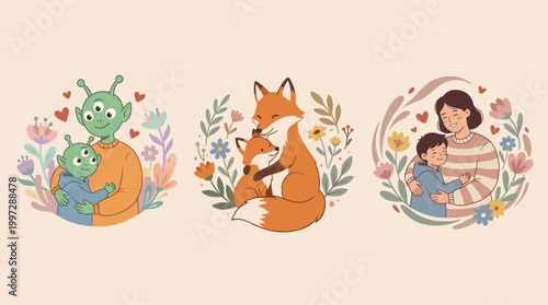 Beautiful vector illustrations celebrating the diverse and universal bond of motherhood, depicting tender mothers embracing their beloved children with love, affection, and gentle care