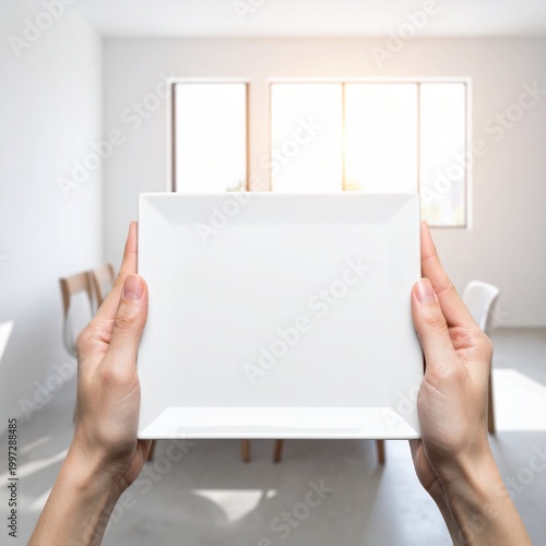 Person holding empty square white ceramic plate, mockup for food presentation, culinary menu display, restaurant dining, catering service, tabletop setting