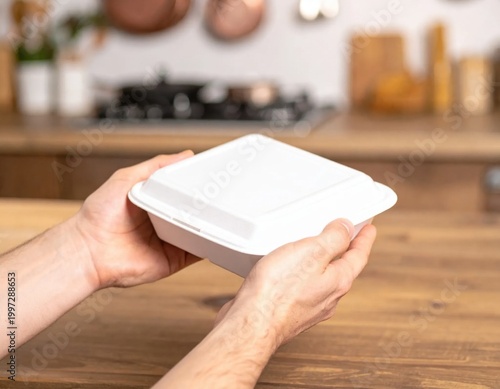 Person holding white disposable food container in kitchen, takeaway meal delivery, eco friendly packaging, catering service, food industry