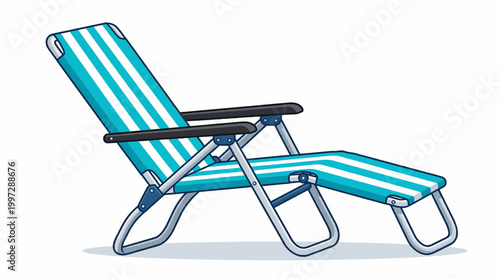 Blue and white striped folding beach lounge chair vector illustration