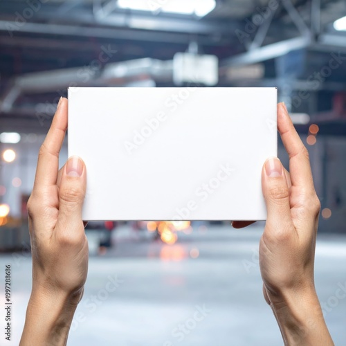 Hands holding a blank white sign in a warehouse, mockup for advertising and signage, industrial logistics backdrop, business communication space