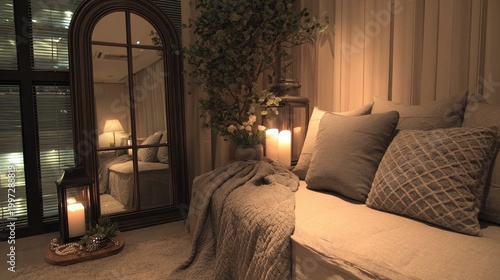 Cozy living space with candles mirror and decorative elements illuminated