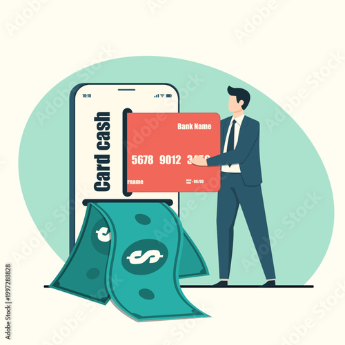 Man inserting a credit card into a smartphone to withdraw cash, fintech concept.