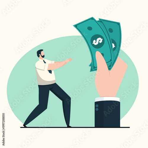 Businessman reaching for dollar bills held by a large hand, flat art, financial motivation.