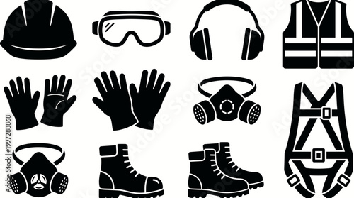 Collection of personal protective equipment icons including safety helmet, goggles, earmuffs, vest, gloves, respirator, and harness