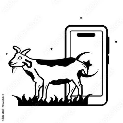 digital qurbani management concept, smart farming with mobile integration vector icon design, eid ul adha stock illustration