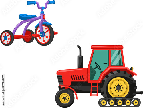 Colorful Toy Tricycle and Red Tractor Vector Set for Children’s Transportation and Farming Illustrations, Perfect for Kids' Graphics and Educational Designs