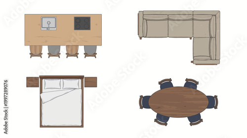 Top-down view of a furnished apartment layout, including a kitchen, bedroom, and dining area