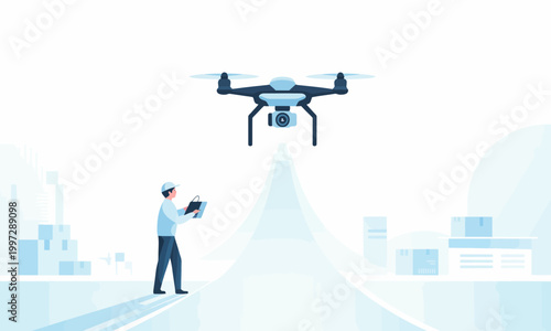 Logistics Worker Controlling Delivery Drone in Modern Warehouse