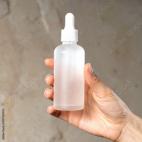 Hand holding a frosted glass serum bottle with dropper, skincare product packaging, mockup for cosmetic branding, beauty advertising and wellness