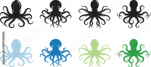 octopus animal icon, solid black, white background, minimalist, sharp edges, vector style.