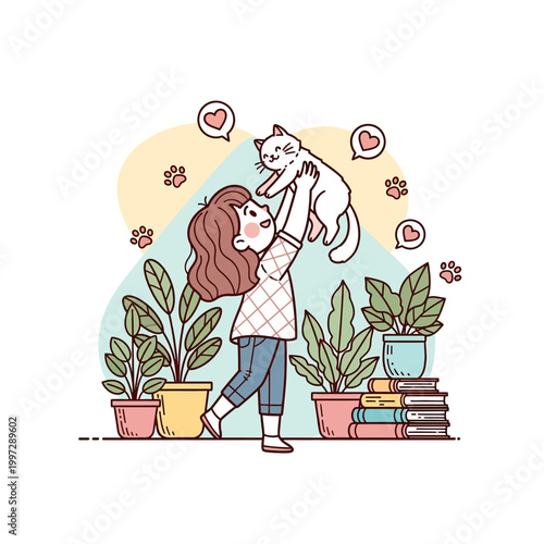 A young girl joyfully lifts her white cat in the air amidst a collection of potted plants and books, surrounded by hearts and paw prints.