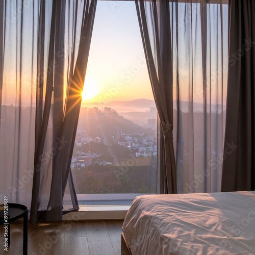 Hotel room view at sunrise with sheer curtains and cityscape horizon, soft morning light, tranquil atmosphere, travel vacation lifestyle imagery
