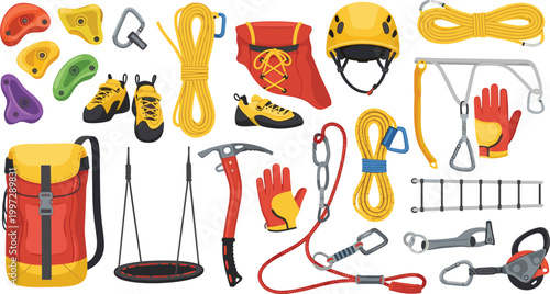Climbing and Mountaineering Gear Set with Ropes, Harnesses, Helmets, Shoes, and Accessories for Outdoor Adventures