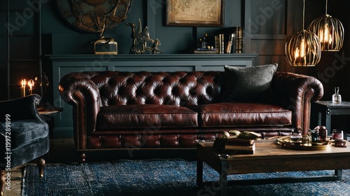 Elegant leather sofa in luxury interior with ambient lighting and decor