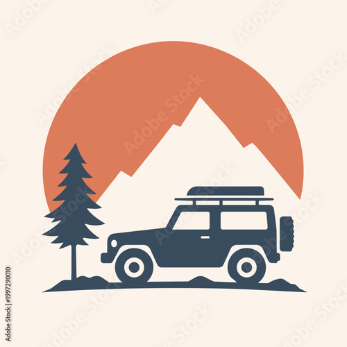 Flat Mountain Adventure Scene With Off Road SUV Pine Tree And Sunset Landscape Illustration