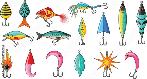 Colorful Fishing Lures and Hooks Set with Various Shapes and Designs for Fishing Gear and Outdoor Sports