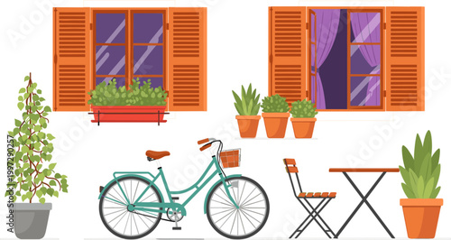 Cozy Outdoor Patio Set with Bicycle, Potted Plants, Window with Shutters, and Garden Furniture for Home and Garden Design Illustrations