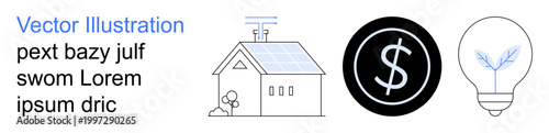 Renewable energy, financial planning, investment in technology, sustainability, eco-friendly living, modern innovation. Solar-paneled house, dollar symbol and light bulb with a sprout. Renewable