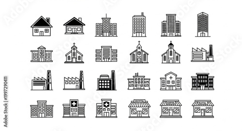 Collection of Diverse Building Icons for Architectural Design.