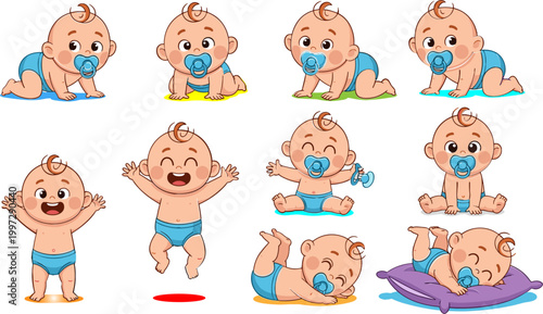 Cute Baby Activities and Emotions Collection with Crawling Sitting Crying Laughing Sleeping and Playing, Infant Development Cartoon Vector Illustration Set