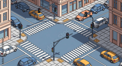Isometric City Street Intersection with Cars and Crosswalks.