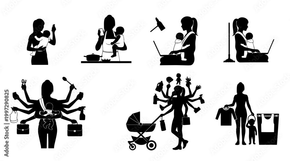Obraz premium Silhouette of busy mother juggling childcare, cooking, and work with baby, laptop, and household tasks
