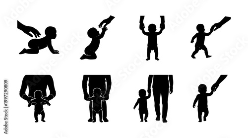 Baby crawling and learning to walk with adult hands helping, silhouette set