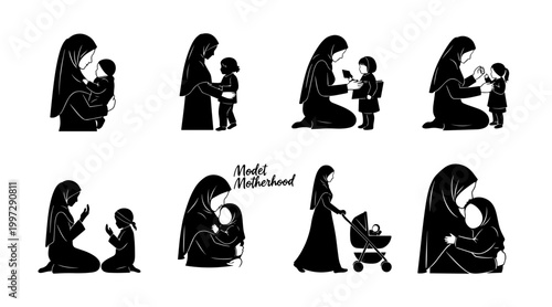 Muslim mother and child embracing, praying, and playing in silhouette - motherhood concept